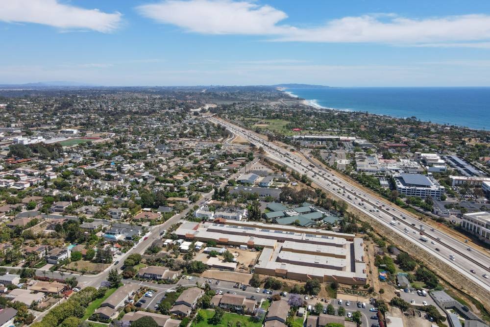 Aerial view of the highway and the ocean near Encinitas, California (CA)