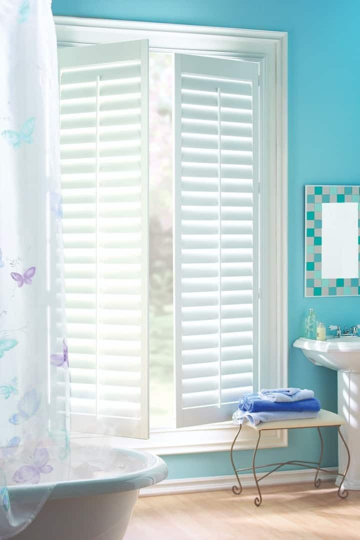 Hunter Douglas Palm Beach™ Polysatin™ shutters, bathroom window treatments near Encinitas, California (CA)